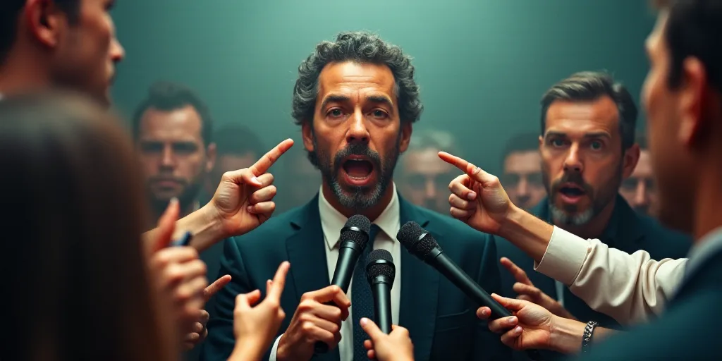 a man speaking into a microphone surrounded by people holding microphones and pointing fingers up to