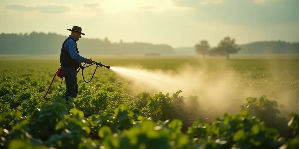 a man spraying pesticide on a field of plants with a hose and a hat on his head and a hose in his ha