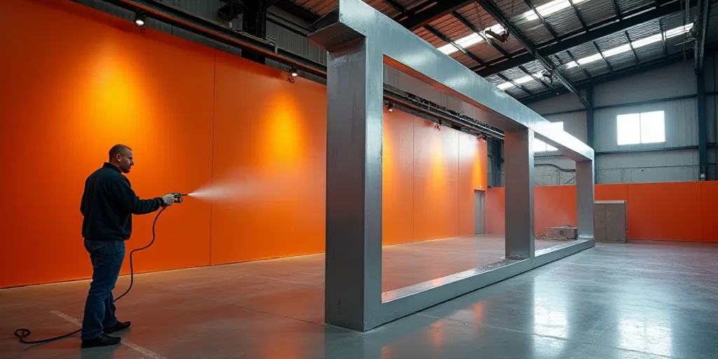 a man sprays down a large metal structure in a warehouse with orange walls and beams and a ceiling,