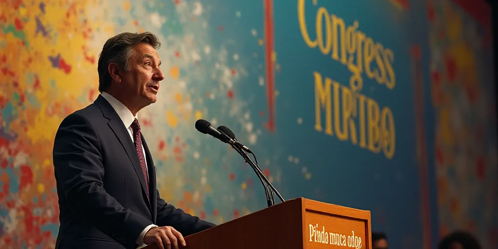 a man standing at a podium giving a speech in front of a microphone and a sign that says congress do