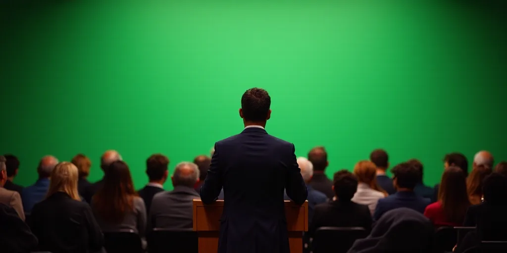 a man standing at a podium in front of a crowd of people in front of a green wall with st petersburg