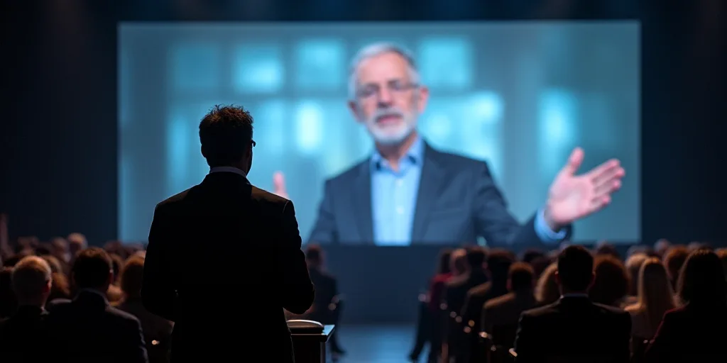 a man standing at a podium in front of a crowd of people in front of a large screen with a man speak