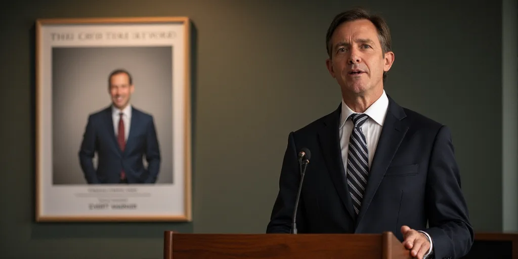 a man standing at a podium in front of a sign with a picture of a man in a suit, Everett Warner, pro