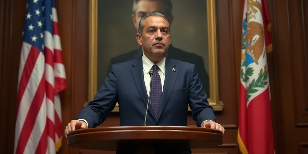 a man standing at a podium in front of a flag and a poster of a man in a suit, Estuardo Maldonado, i