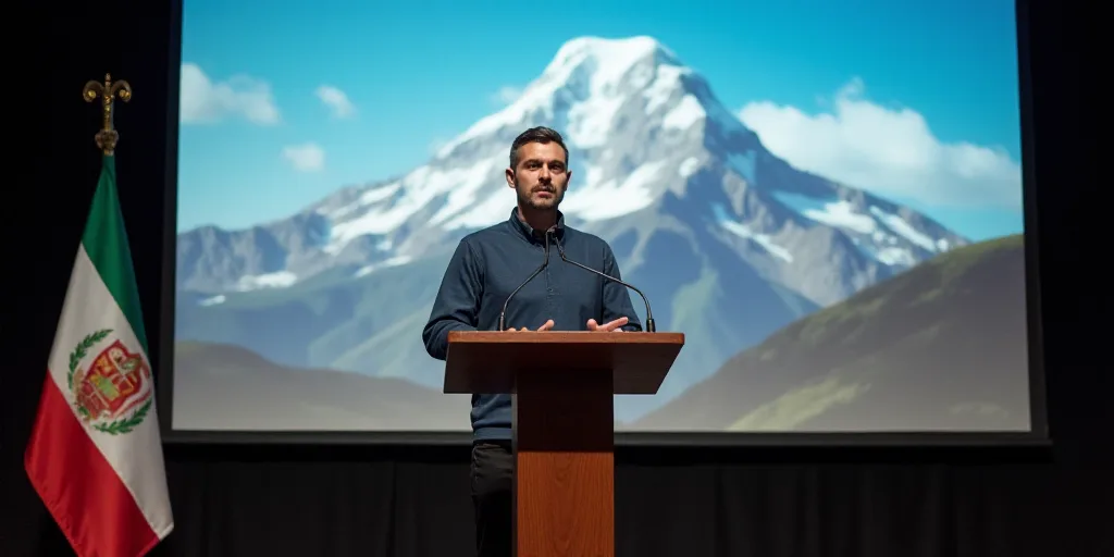 a man standing at a podium in front of a screen with a picture of a mountain behind him and a flag,