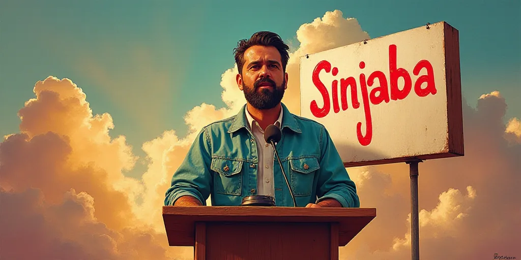 a man standing at a podium with a microphone in front of him and a sign behind him that says sinjaba