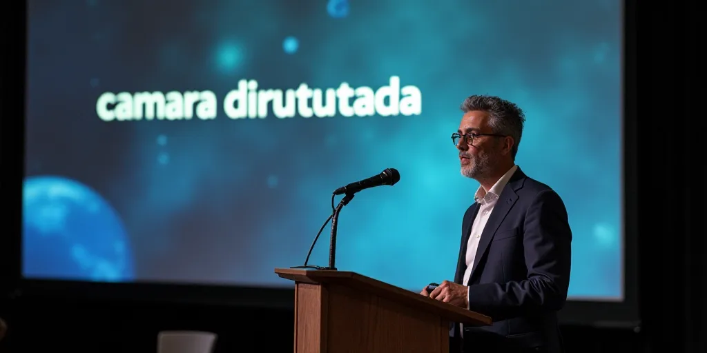 a man standing at a podium with a microphone in front of him and a sign behind him that says camara