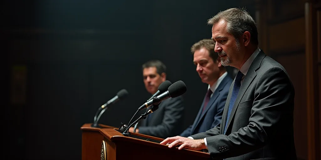 a man standing at a podium with a microphone in front of him and another man standing behind him wit
