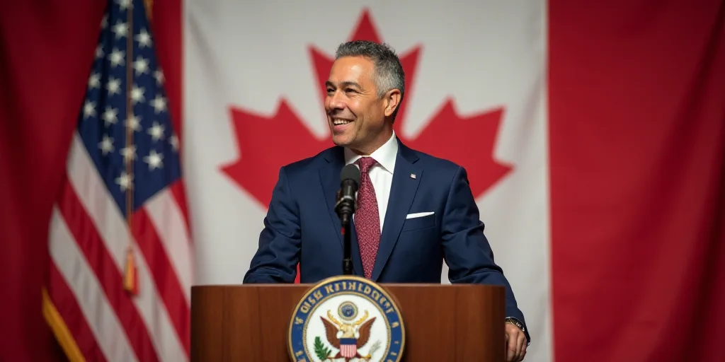 a man standing at a podium with a microphone in front of a flag backdrop and a sign that says kast p