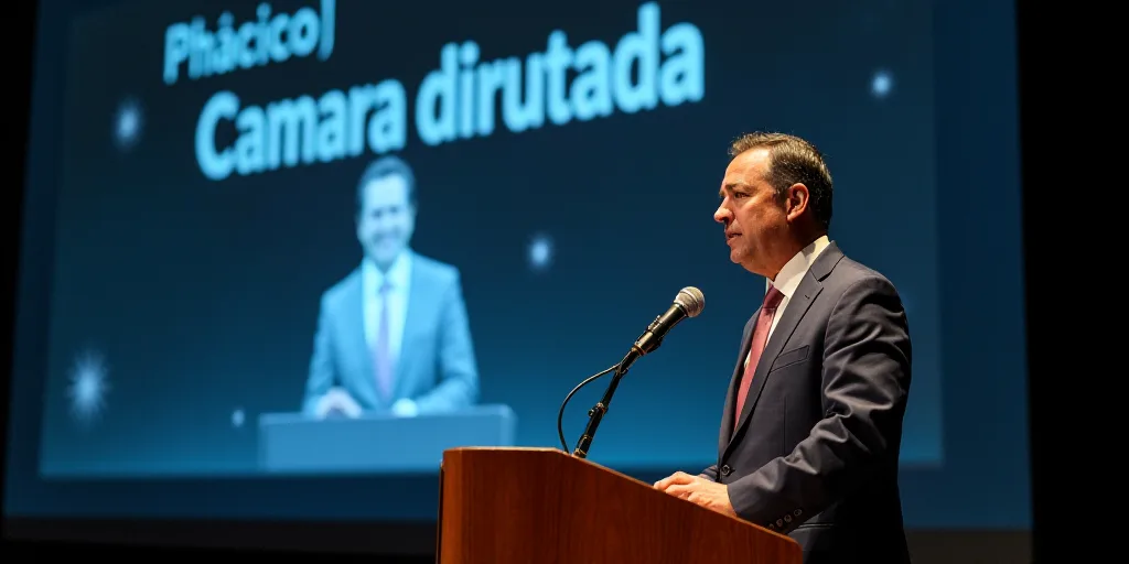 a man standing at a podium with a microphone in front of him and a sign behind him that says camara