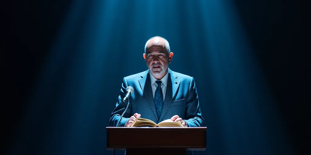 a man standing at a podium with a microphone in front of him and a book in front of him, Dave Arredo