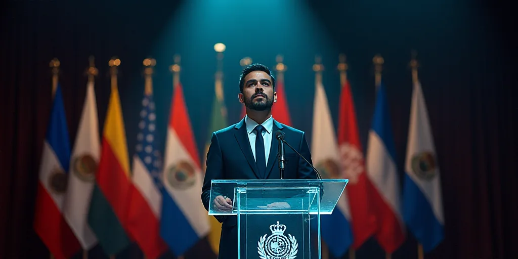 a man standing at a podium with a flag behind him and a flag behind him behind him and a flag behind