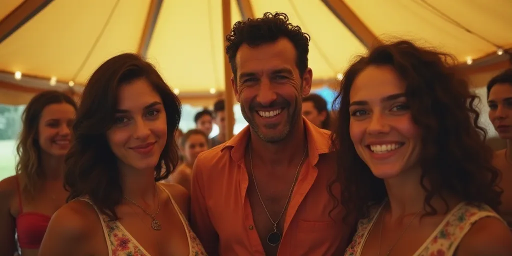 a man standing between two women in a tent with other people around him and smiling at the camera wi