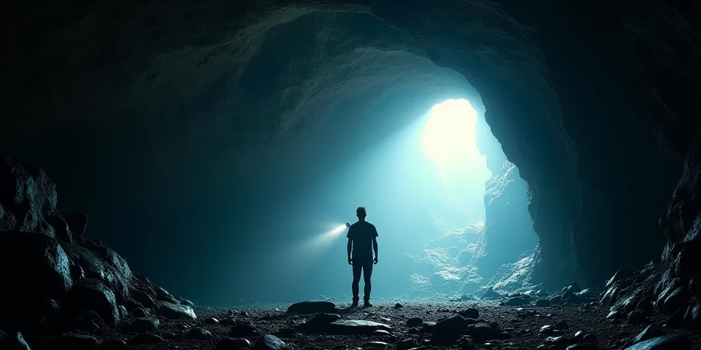 a man standing in a cave with a flashlight in his hand and a flashlight in his other hand, with a li