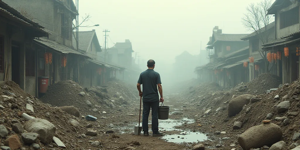 a man standing in a dirty area with a bucket and a shovel in his hand and a pile of debris in the ba