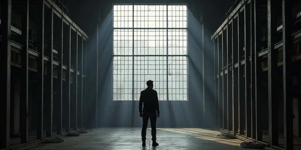 a man standing in a large metal factory with a lot of steel bars in front of him and a large window,
