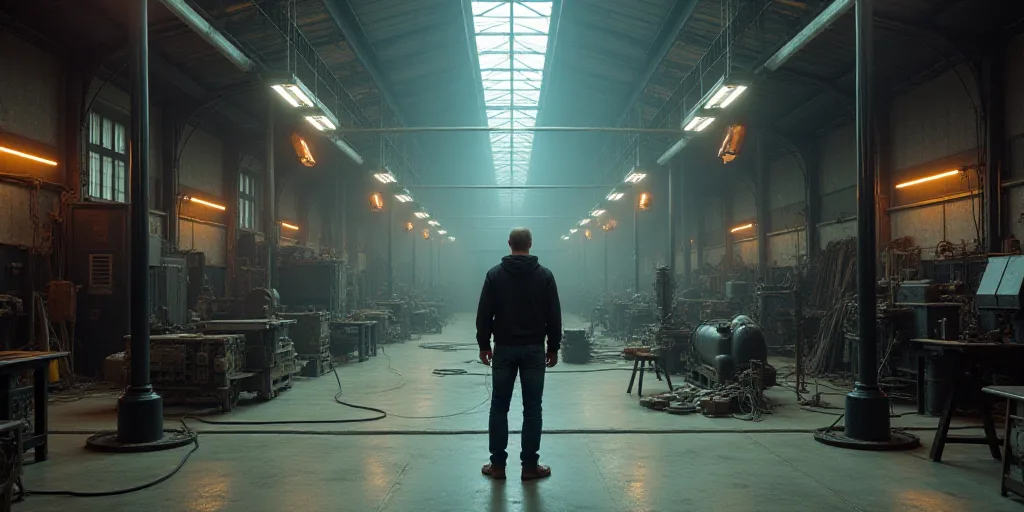 a man standing in a large room with lots of metal equipment in it's center area and lights on the ce
