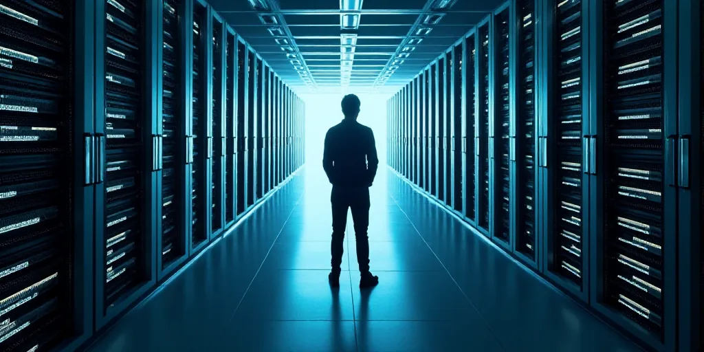 a man standing in a large room filled with lots of servers and servers in it's walls,, Beeple, techn