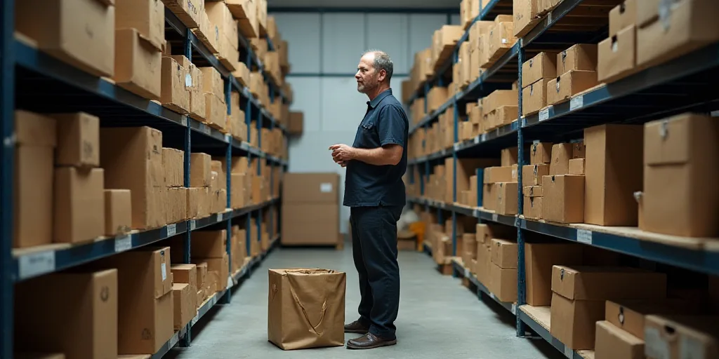 a man standing in a room with lots of boxes and boxes on the shelves and a bag on the floor, Andries