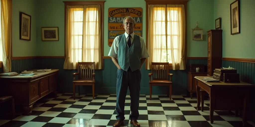 a man standing in a room with a checkered floor and a sign that says central city chamber of texas,