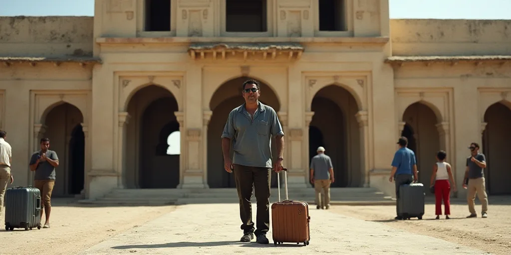 a man standing in front of a building with other people around him and a suitcase in front of him, C