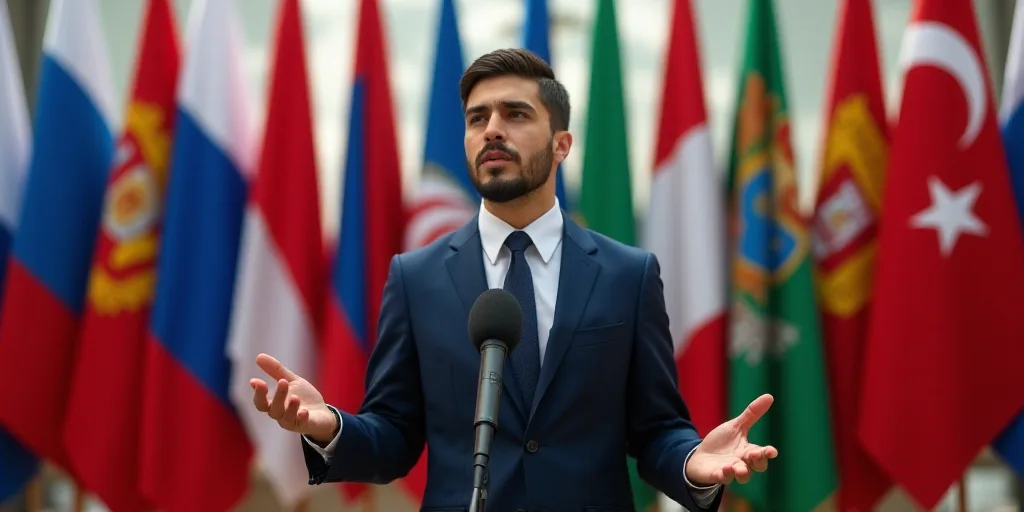 a man standing in front of a bunch of flags with his hands out in front of him and a microphone in f