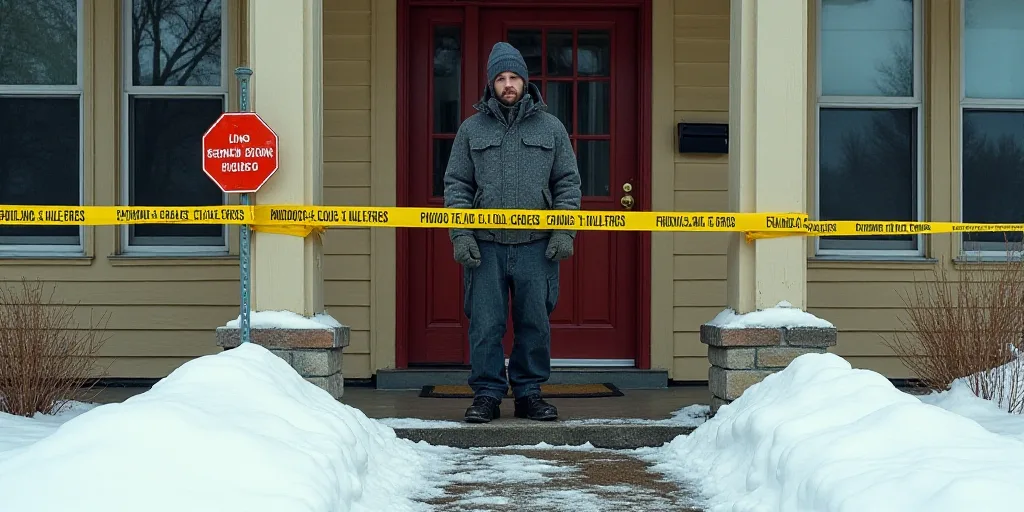 a man standing in front of a building with a yellow tape around him and a sign that says crime scene