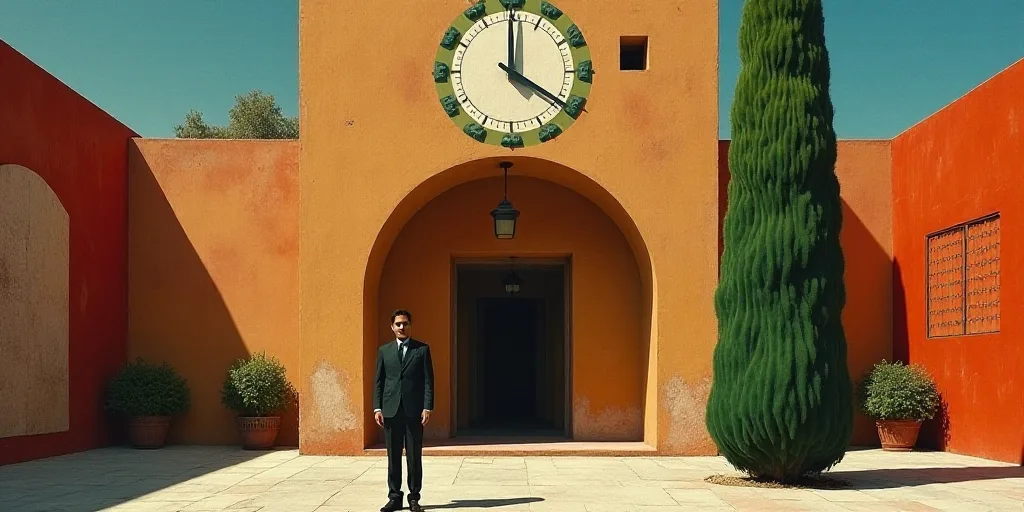 a man standing in front of a building with a clock on it's face and a tree in front of it, David Alf