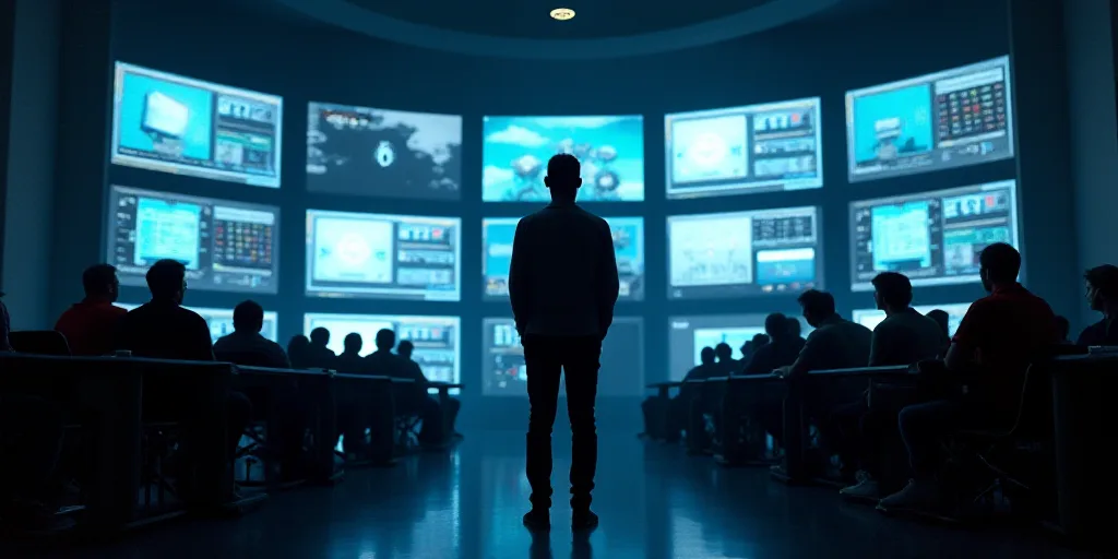 a man standing in front of a bunch of monitors in a building with people standing around it and look