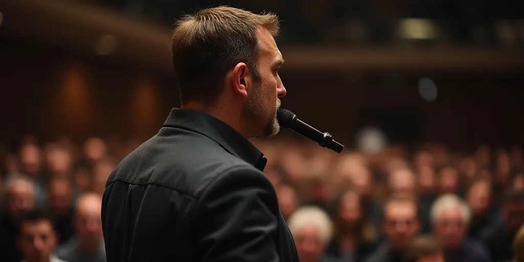 a man standing in front of a crowd of people in a room with a microphone in his ear and a microphone