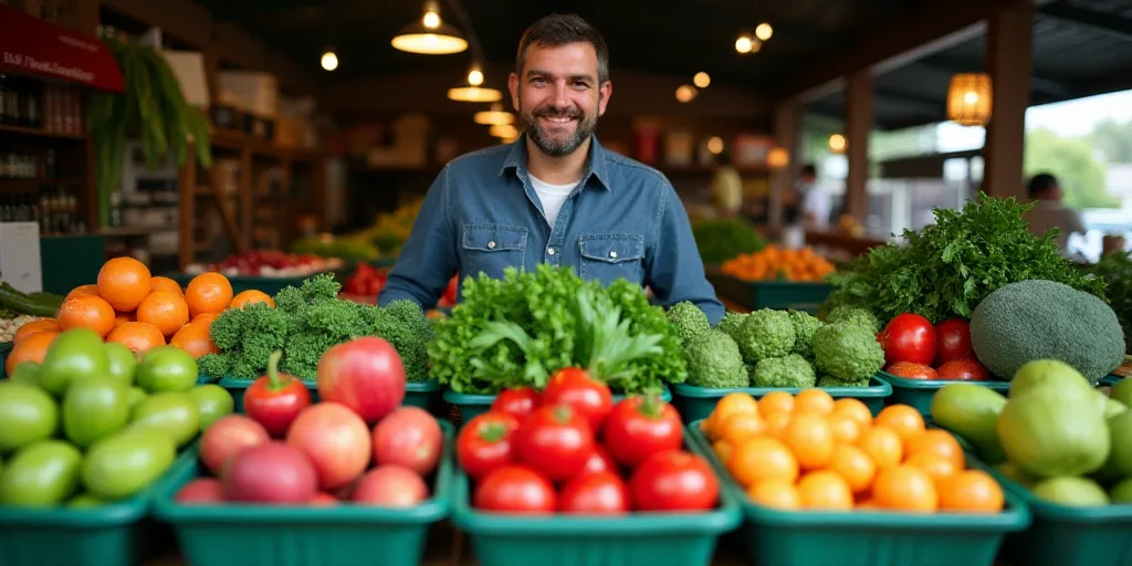 a man standing in front of a display of vegetables and fruits in plastic containers on a table in a