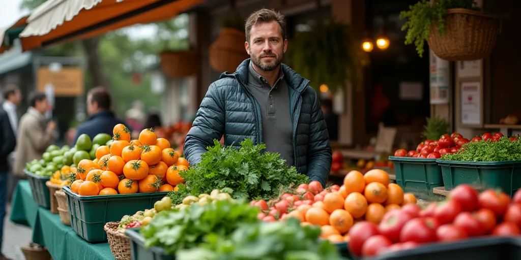 a man standing in front of a display of vegetables and fruits in plastic containers on a table in a