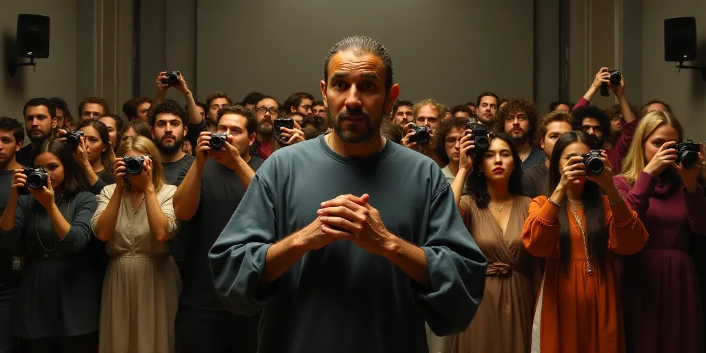 a man standing in front of a group of people holding cameras and taking pictures of him with his han
