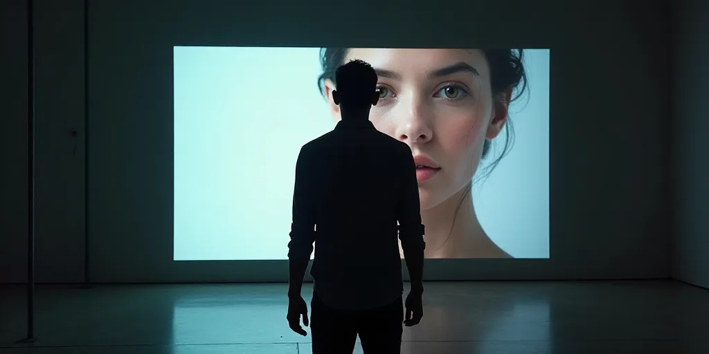 a man standing in front of a large screen with a picture of a woman on it's side, Eduardo Lefebvre S