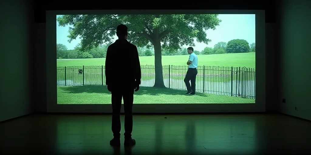 a man standing in front of a projection of a park with a man standing next to a tree and a fence, Da