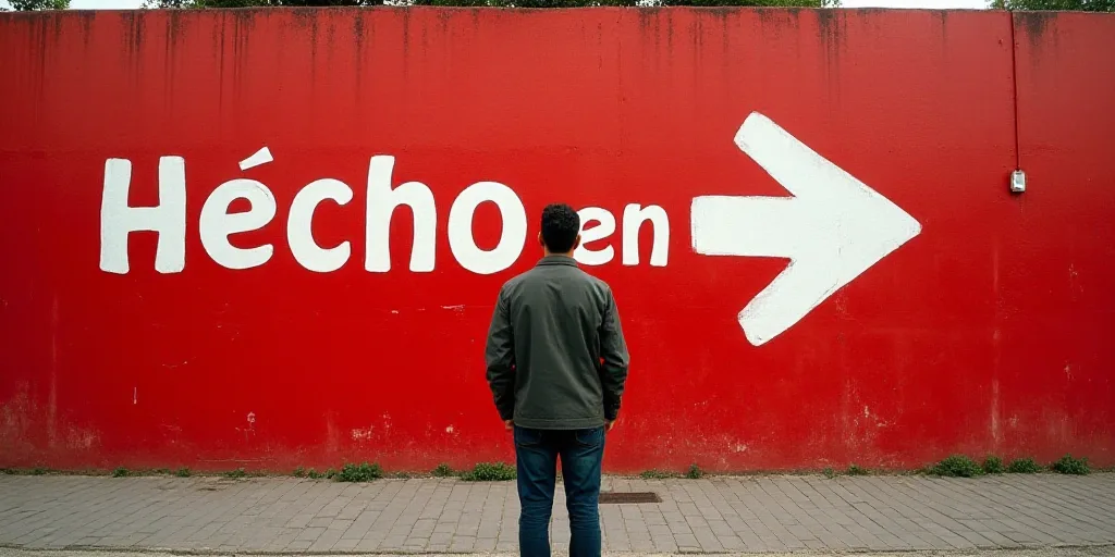 a man standing in front of a red sign with hecho en written on it and a white arrow, Eduardo Lefebvr