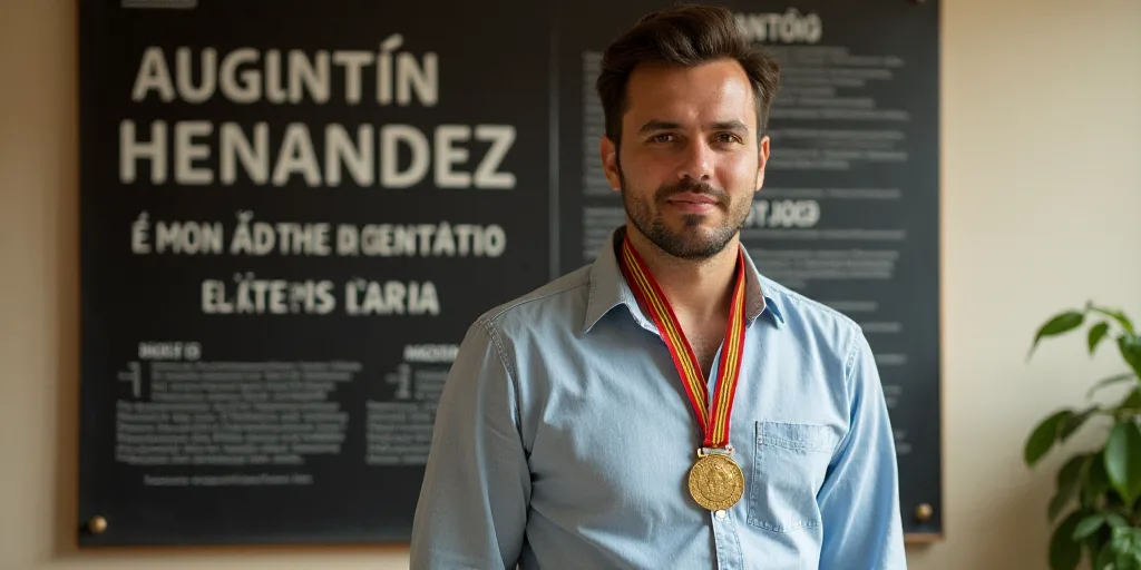a man standing in front of a sign with a medal around his neck and a medal around his neck, Agustín