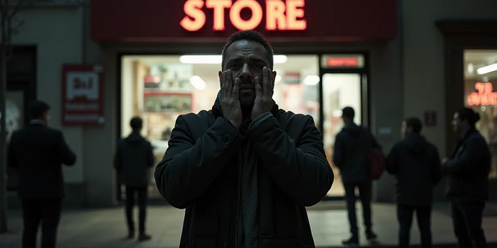 a man standing in front of a store with his hands on his face and people standing around him outside