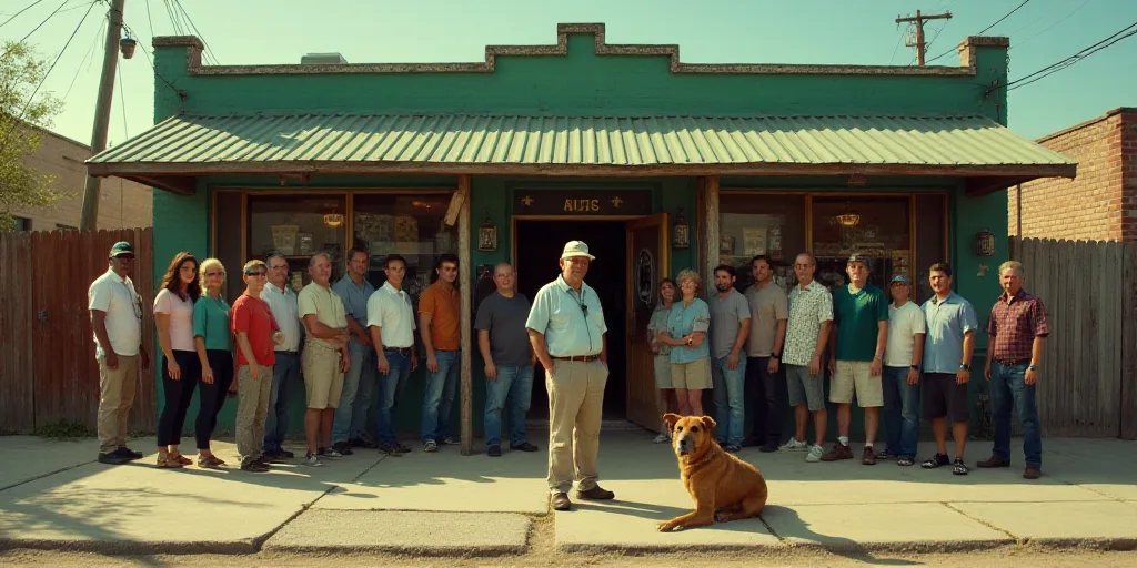 a man standing in front of a store with a bunch of people standing around him and a dog sitting on t