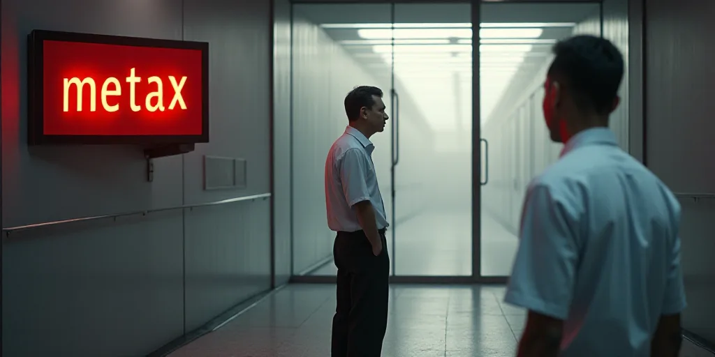 a man standing in front of a sign that says metax on it and a man in a white shirt, Dai Xi, raytraci