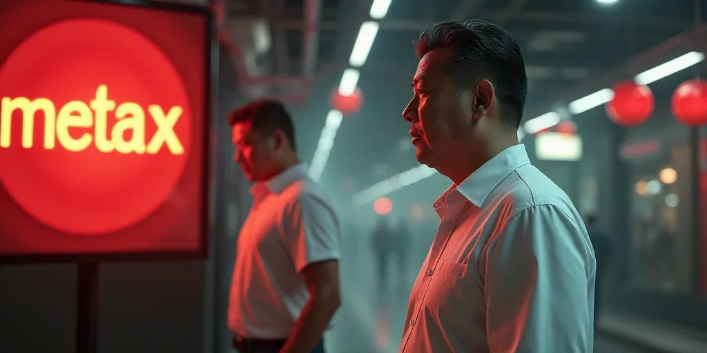 a man standing in front of a sign that says metax on it and a man in a white shirt, Dai Xi, raytraci