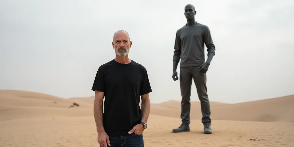 a man standing in front of a statue of a man in a black shirt and jeans and a black shirt, David Chi