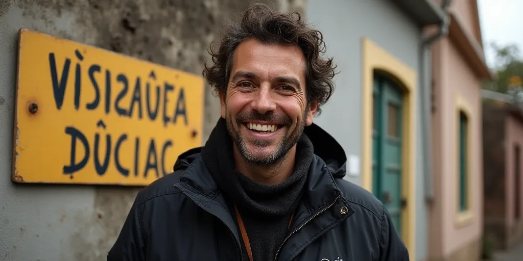 a man standing in front of a sign with a smile on his face and a black jacket on his shoulders, Agus