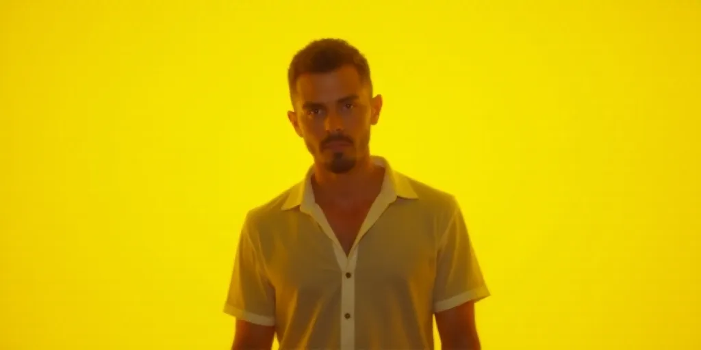 a man standing in front of a yellow background with a yellow background and a yellow background with