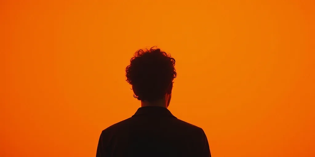 a man standing in front of an orange background with a caption for the spanish language on the front