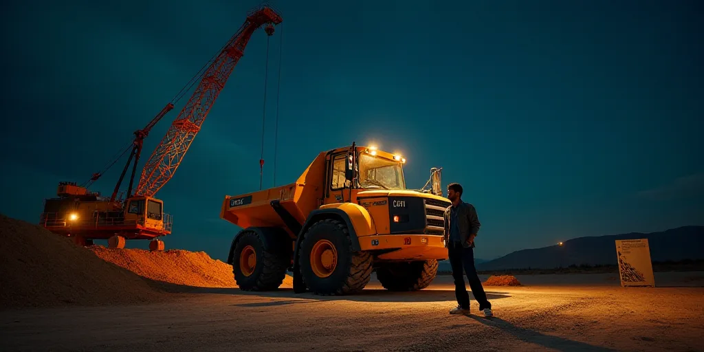 a man standing next to a construction vehicle in the dirt at night with a crane in the background an