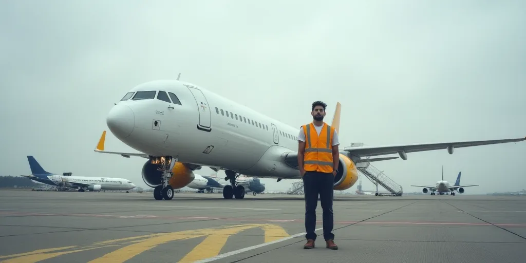 a man standing next to a large white airplane on a runway with other planes in the background and a