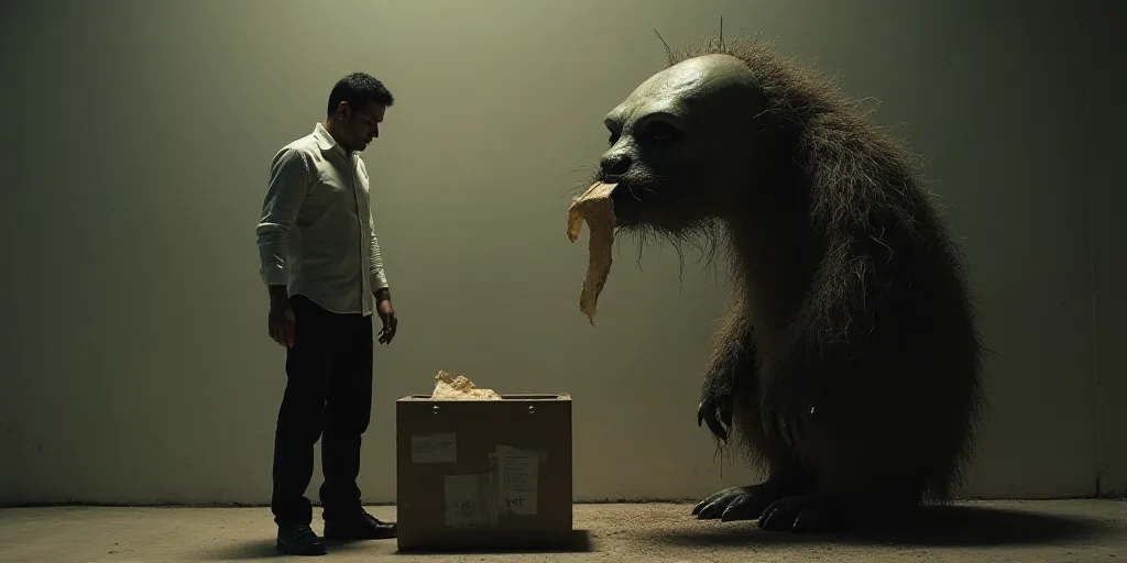 a man standing next to a machine with a piece of paper in it's mouth and a box with a piece of paper