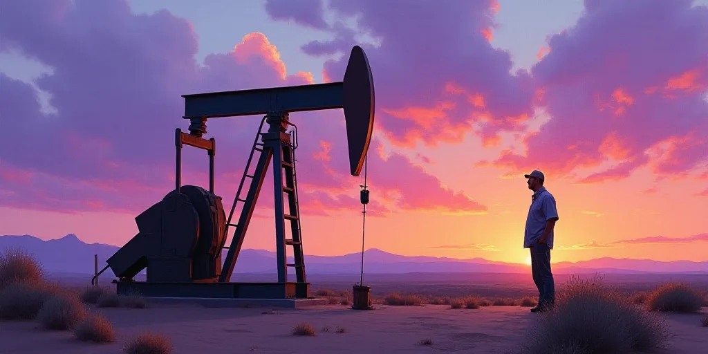 a man standing next to a pump in the desert at sunset with a purple sky behind him and a purple and