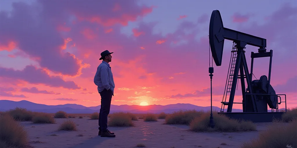a man standing next to a pump in the desert at sunset with a purple sky behind him and a purple and
